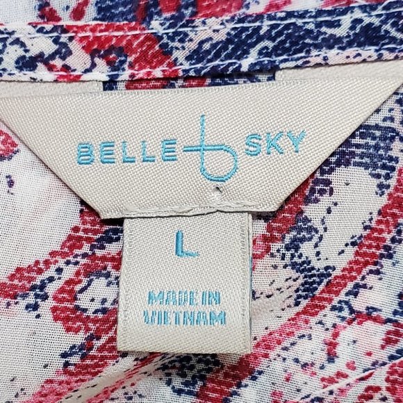 Belle & Sky Blue Red Cream Semi Sheer Pullover Top w/Shirring, L - Picture 9 of 10
